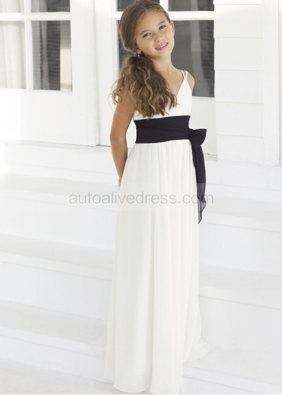 Double Straps Ivory Chiffon Junior Bridesmaid Dress With Black Sash